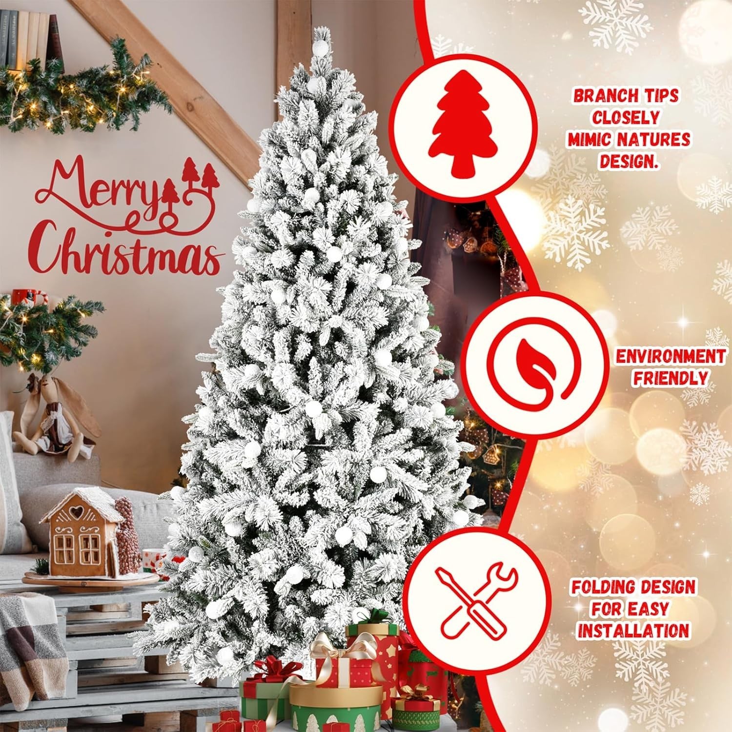 8 ft Prelit Snow Flocked Artificial Christmas Tree with White & Multicolor Light gallery