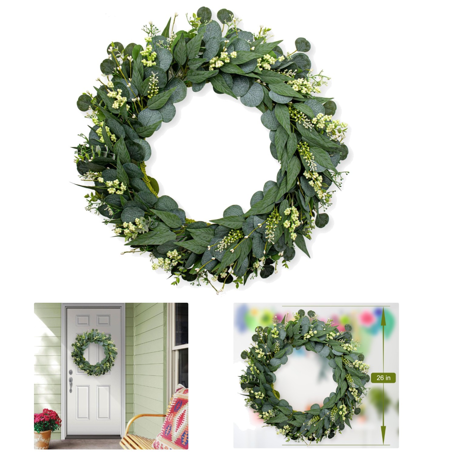 Sturdy 26-Inch Green Eucalyptus Wreath with Soft Silk Leaves for All Seasons gallery
