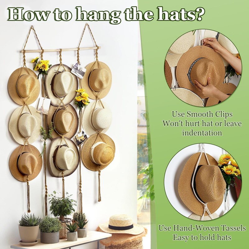 Macrame Hat Organizer Rack for Wall 15 Clips 31x66in Large Fedora Hat Hangers... gallery
