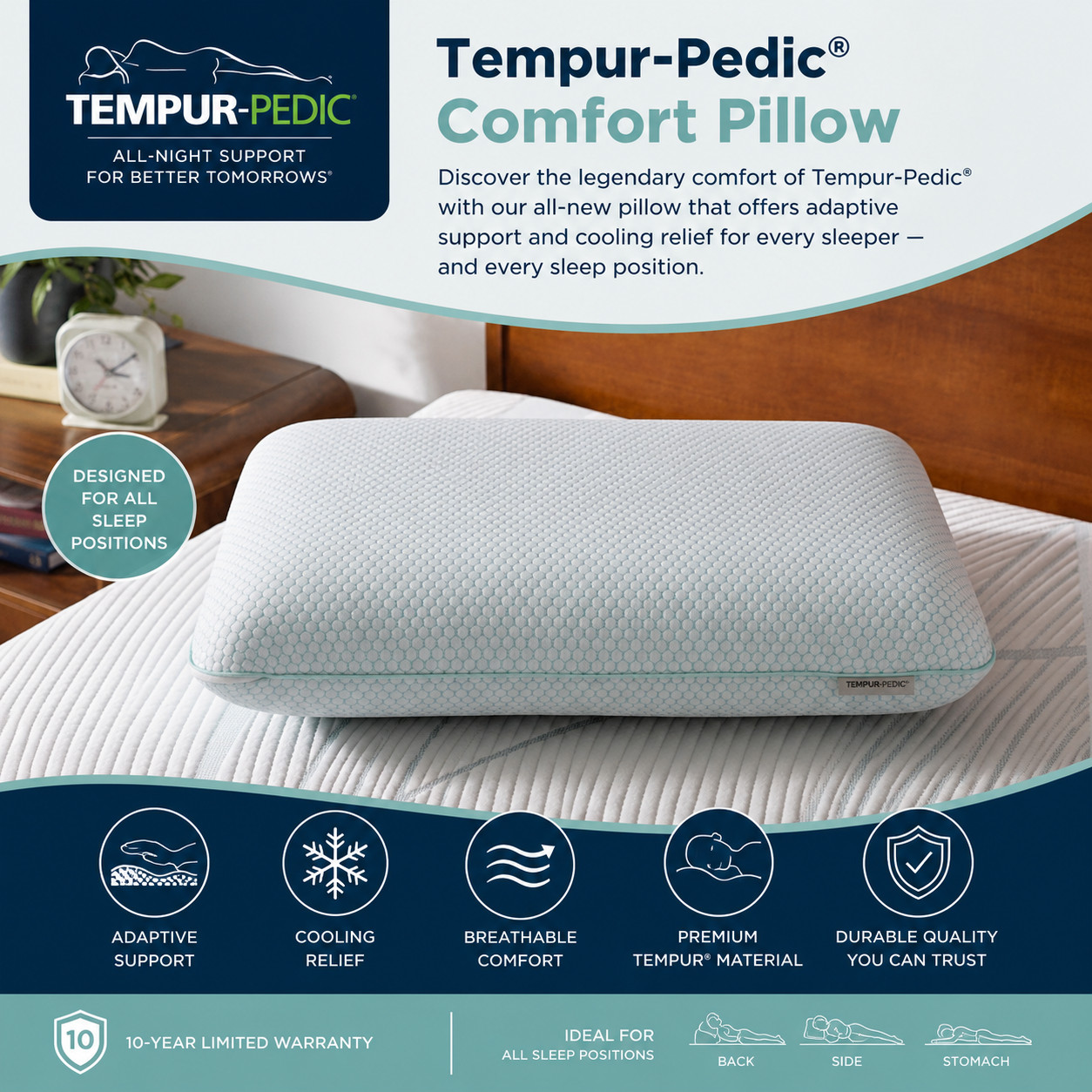 Tempur-Pedic® Comfort Pillow Memory Foam Standard Size Medium Firm gallery