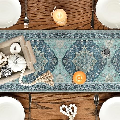 Boho Floral Pattern Summer Table Runner 72 Inches Long 13" x 72" Teal and Blue gallery