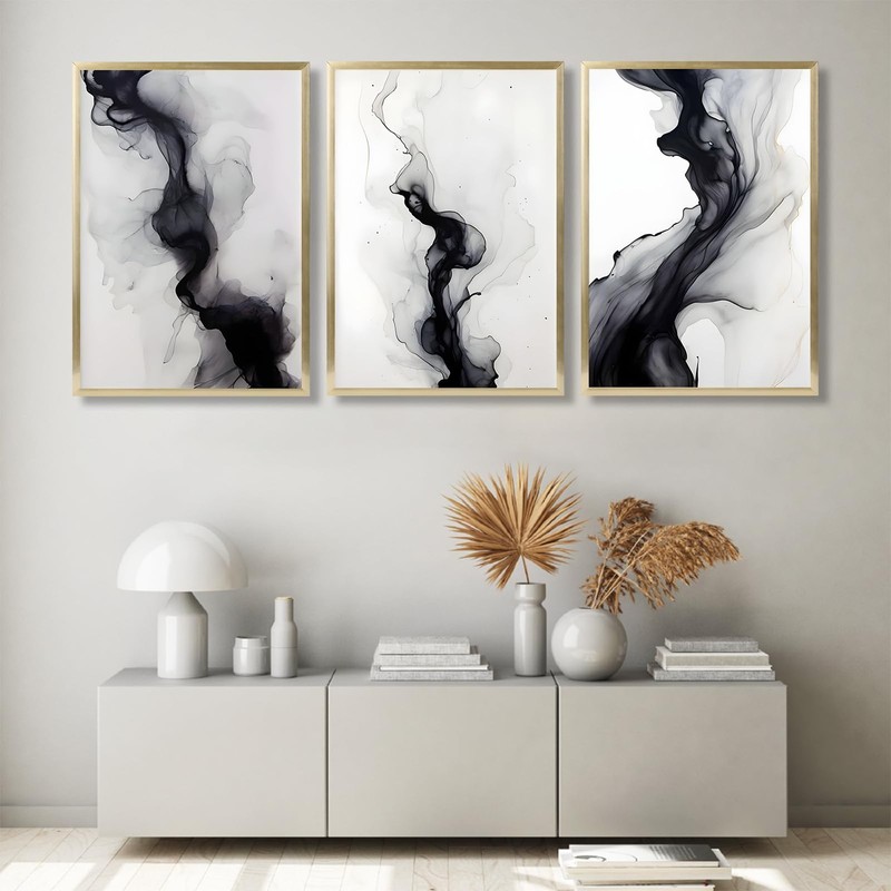 3 Pcs Black And White Simple Abstract Canvas Wall Art Black and gray Minimali gallery