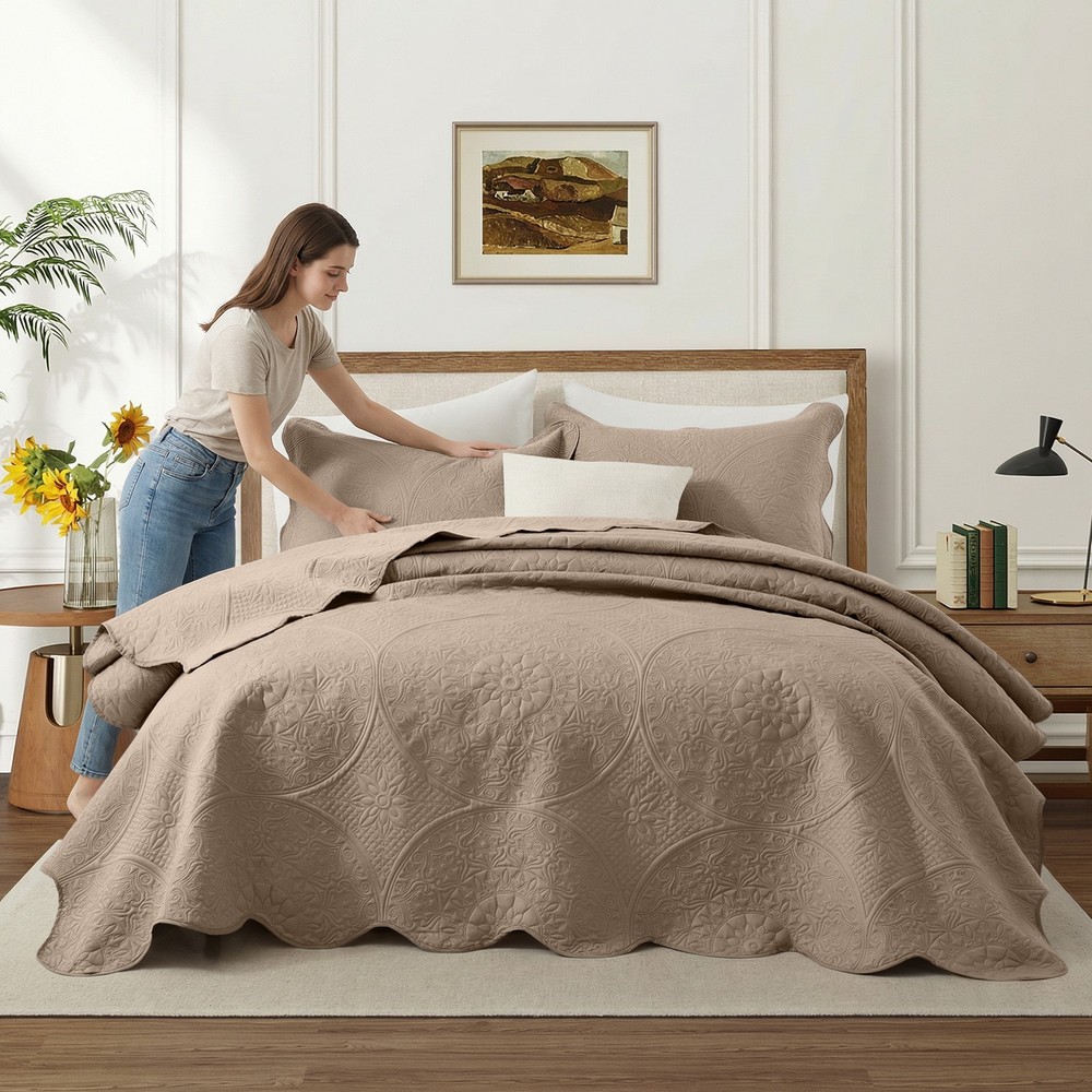 3 Piece Quilted Bedspread Embossed Bed Throw Queen King Size Soft Bedding Set US