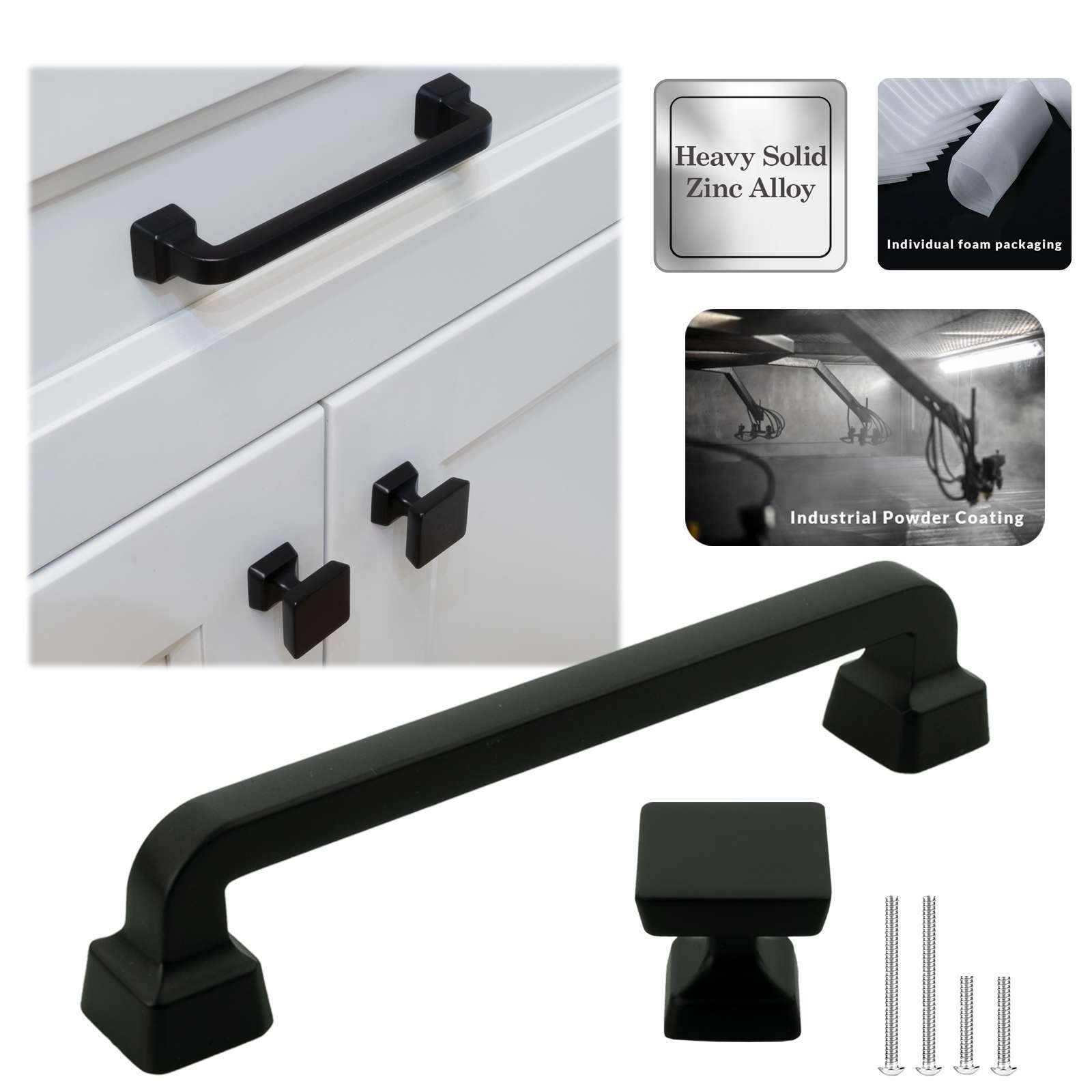 Solid Matte Black Cabinet Handles Pulls Knobs Kitchen Bathroom Drawer Square gallery