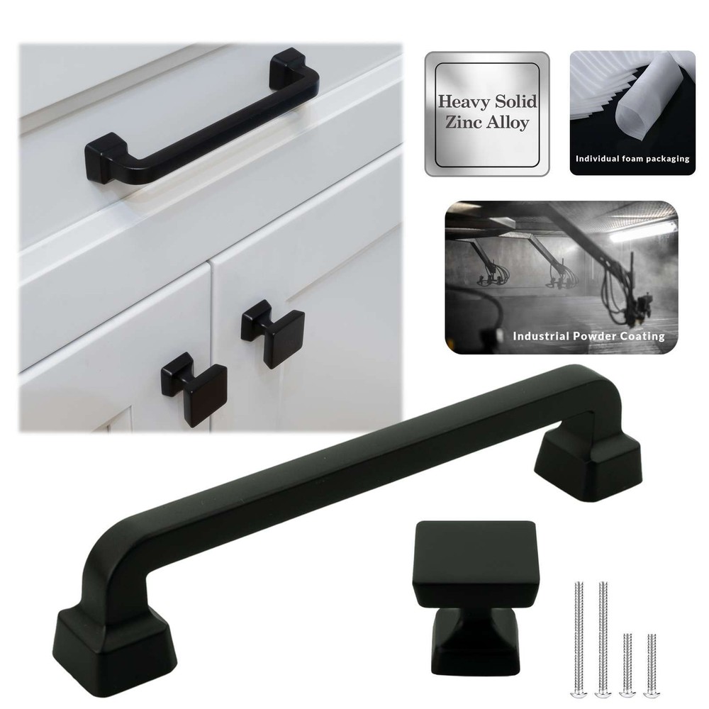 Solid Matte Black Cabinet Handles Pulls Knobs Kitchen Bathroom Drawer Square
