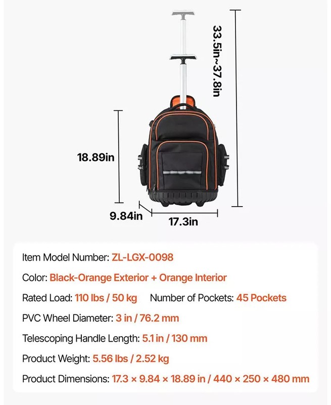 Rolling Tool Backpack on Wheels, 110 Lb Capacity, 45 Pockets, Heavy-Duty Tool Or gallery