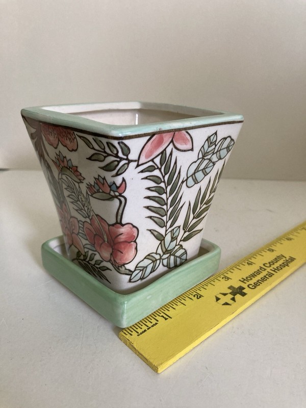 Small Vintage Ceramic Planter Green Pink Flower Theme Square Detached Tray gallery