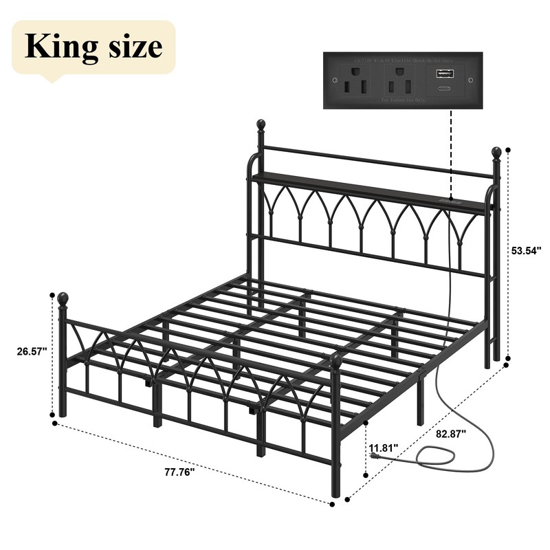 Queen Metal Bed Frame with Charging Station, Headboard storage space,LED Lights. gallery