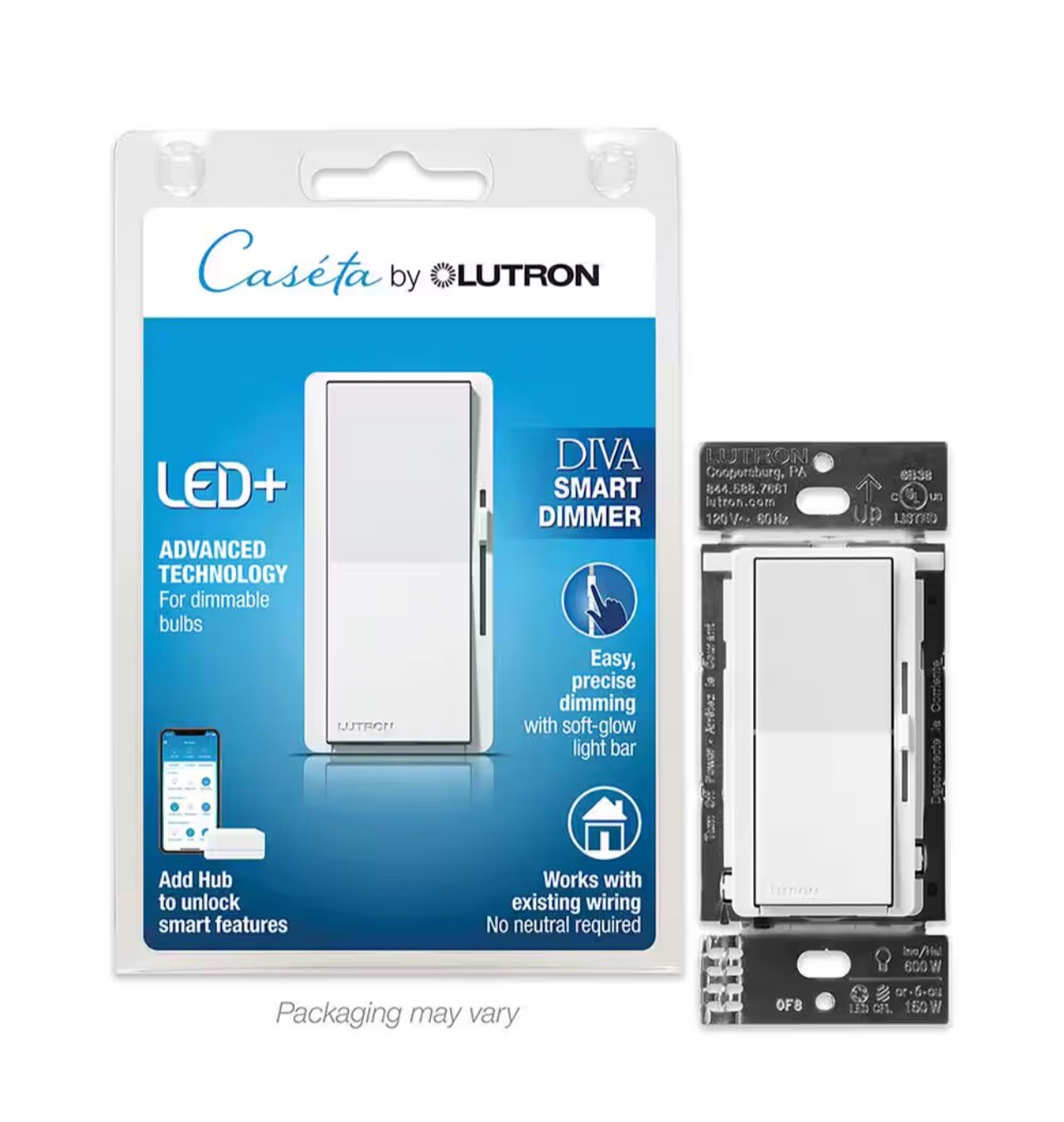 Lutron Diva Smart Dimmer - White. (DVRF-6L-WH-R) gallery
