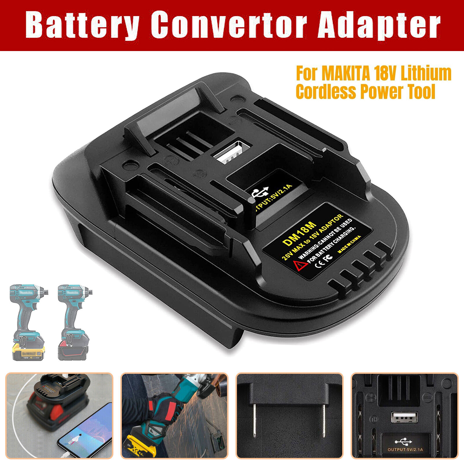 USB Battery Adapter for Milwaukee 18V Dewalt 20V Convert to Makita 18V DM18M gallery