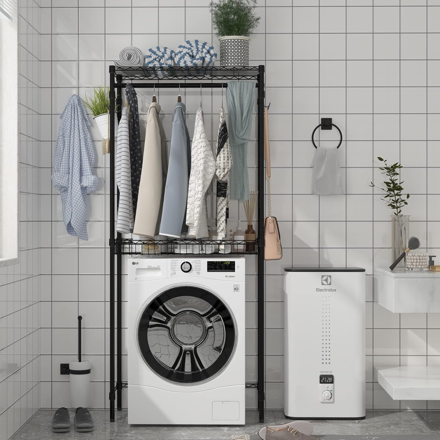 Adjustable 2-Tier Washer Dryer Storage Shelf with Hooks - Black Laundry Rack gallery