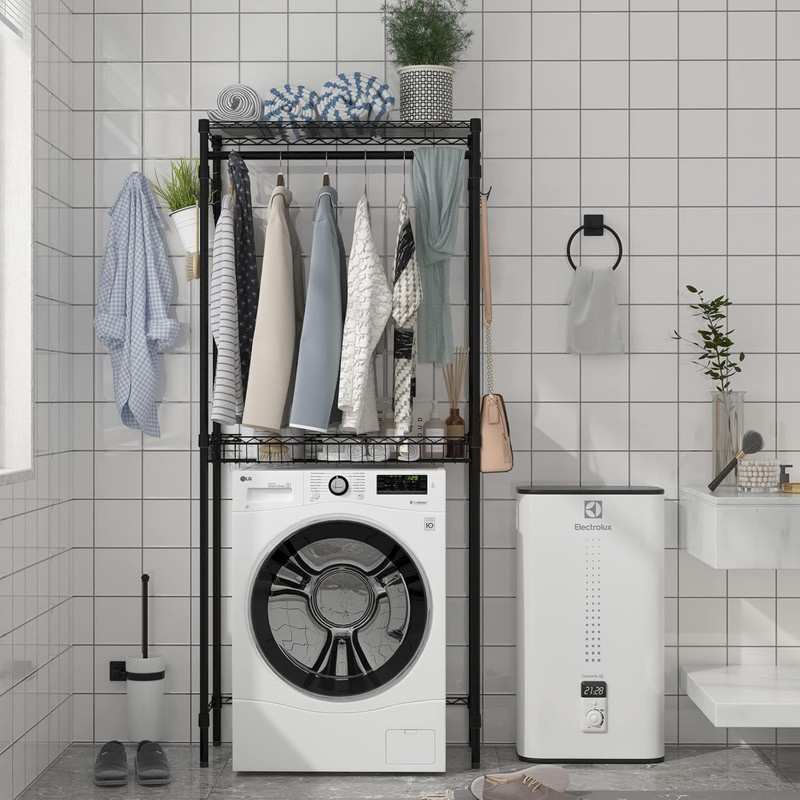 Adjustable 2-Tier Washer Dryer Storage Shelf with Hooks - Black Laundry Rack gallery