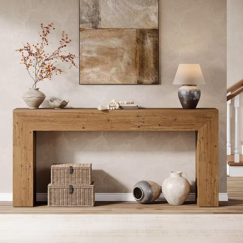 63 In. Brown Rectangle Engineered Wood Console Table, Sofa Table behind the Couc gallery