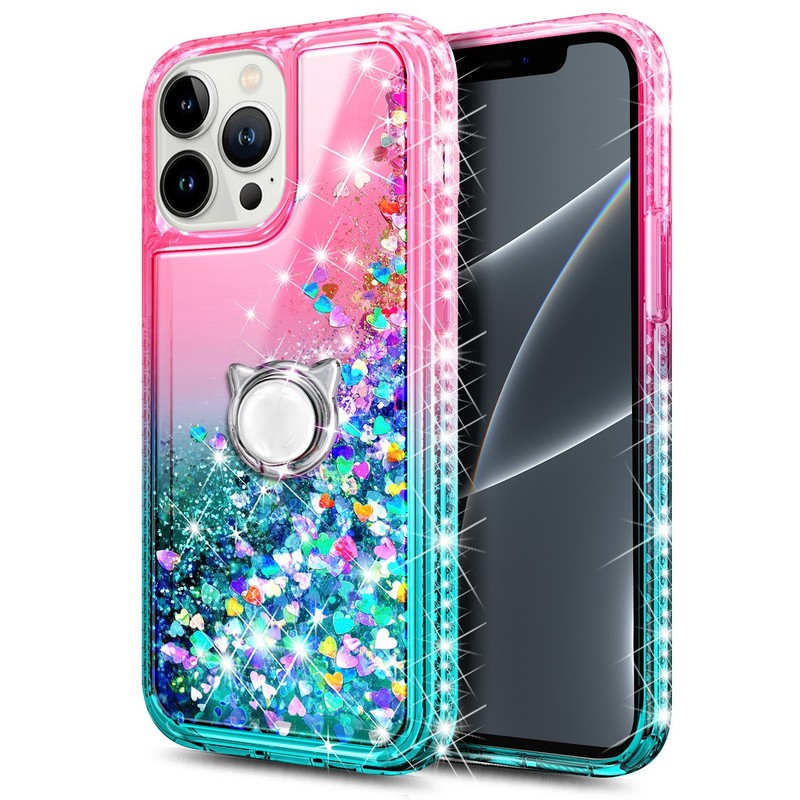 For iPhone 13 Pro Max Pro Mini Liquid Glitter Case With Tempered Glass & Lanyard gallery