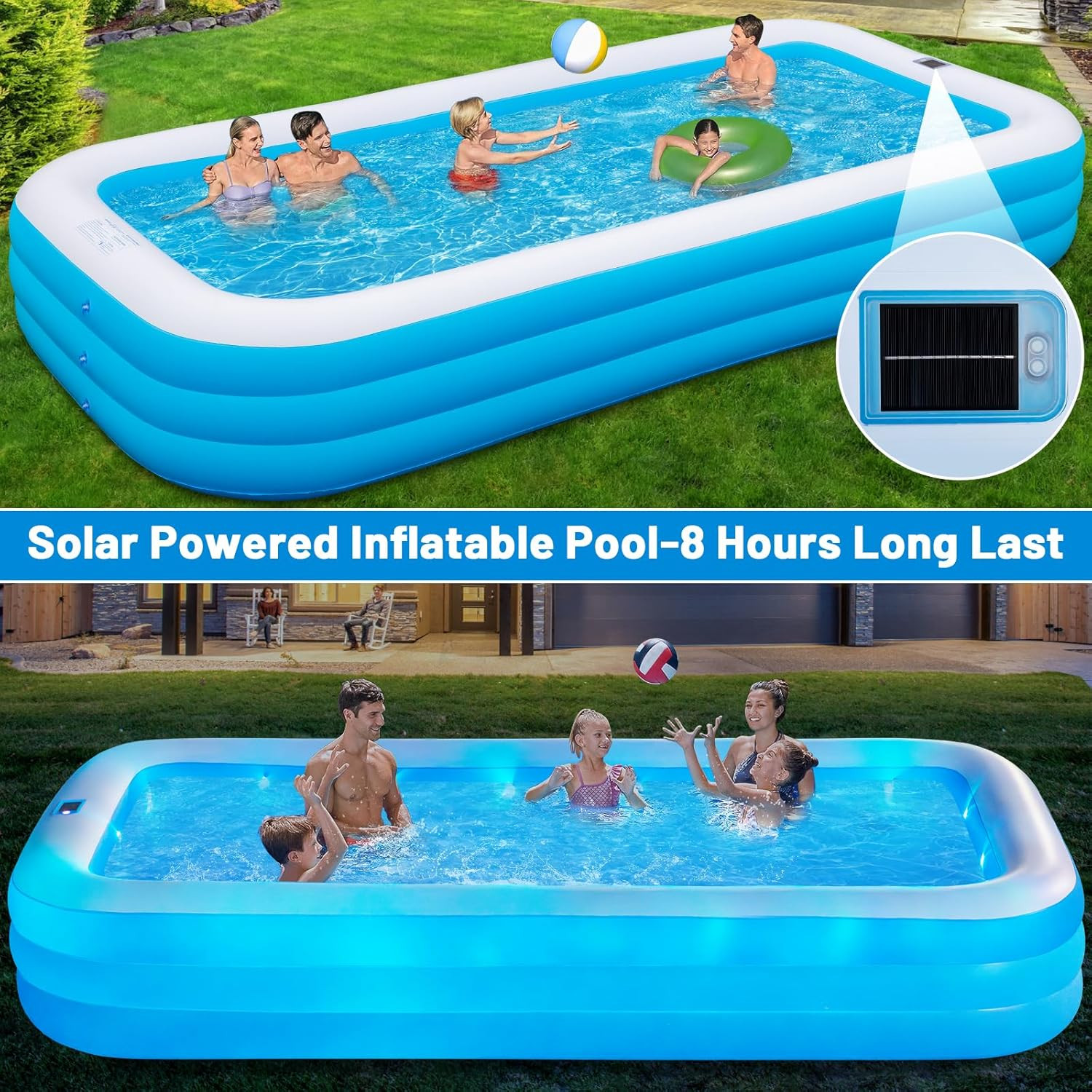 145"x74"x22", Large Solar Inflatable Pool with Lights, Oversized Thickened Blow gallery