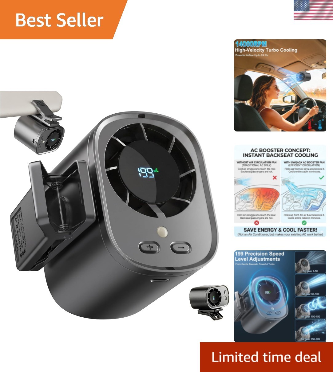 Portable Clip on Air Conditioner Fan for Car with LED Display, 360° Rotation ... gallery