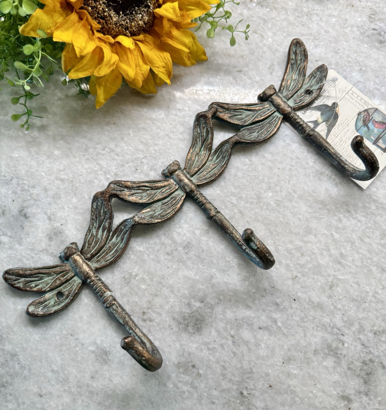 New Rustic Patina Metal Dragonfly Heavy Triple Wall Hook Decor - 13” x 5.5” gallery