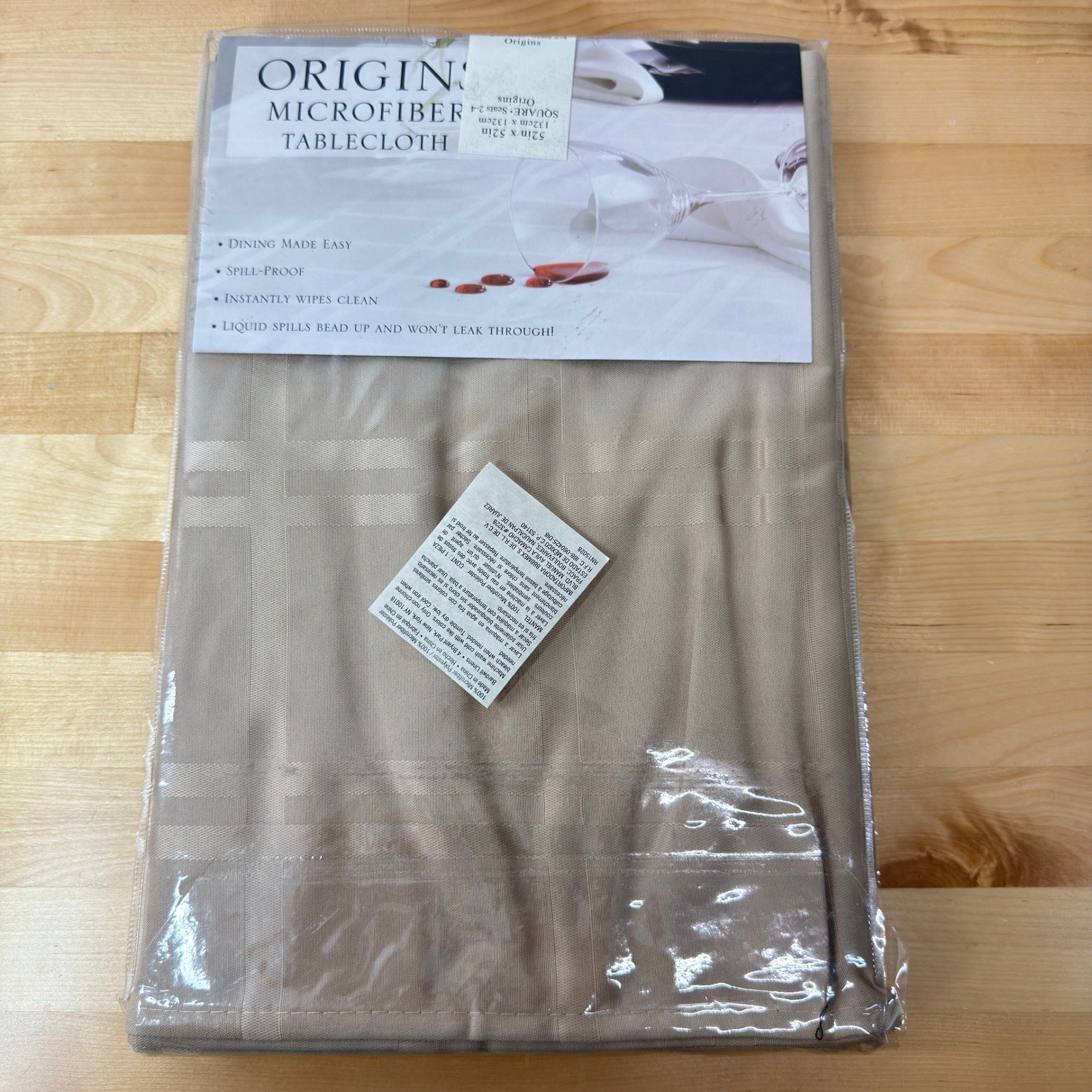 Origins Microfiber Tablecloth Beige Square 52x52 Spill Proof Damask Check NEW gallery