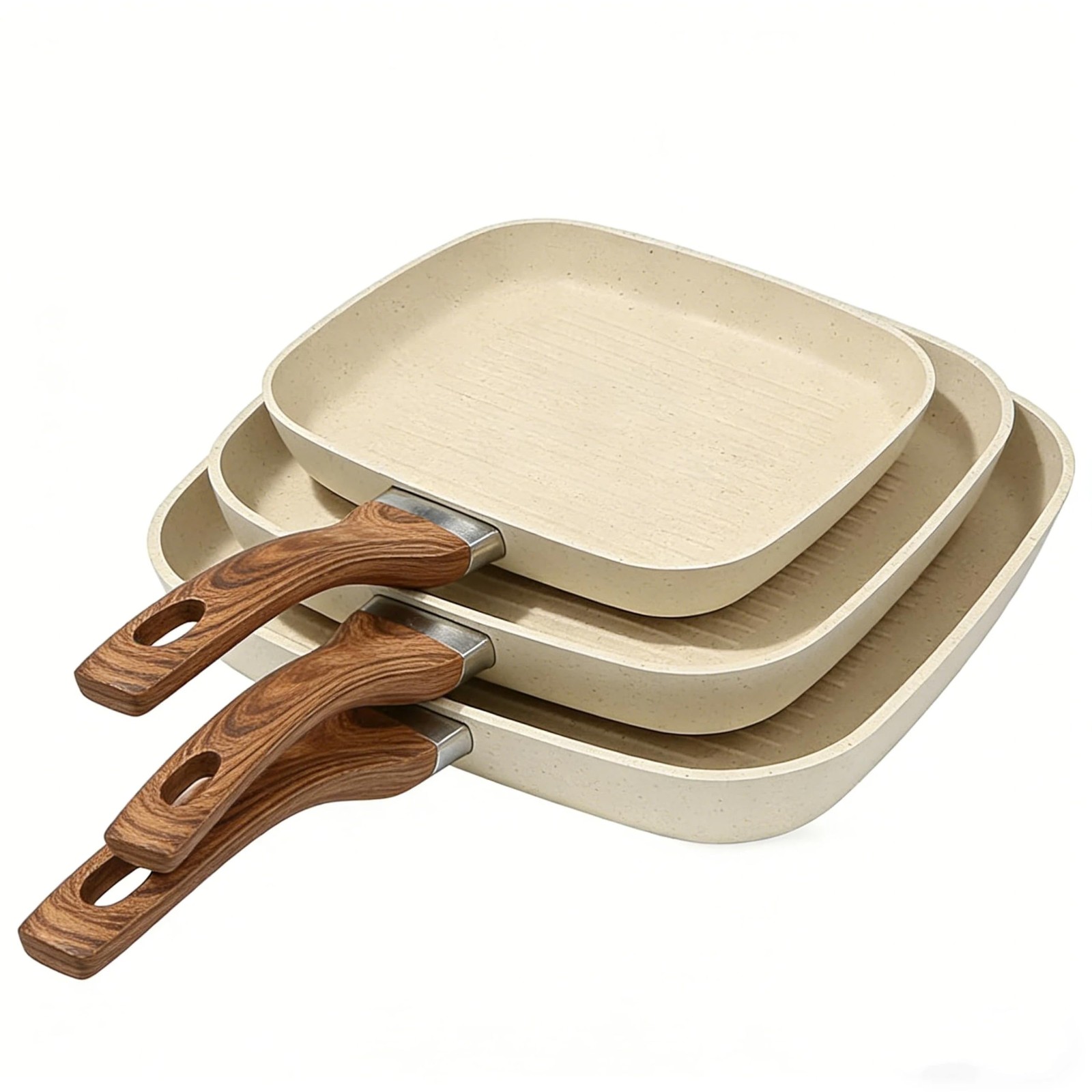 3 Pieces Nonstick Grill Pan Set Square Versatile Griddle Pans with Wooden Handle gallery