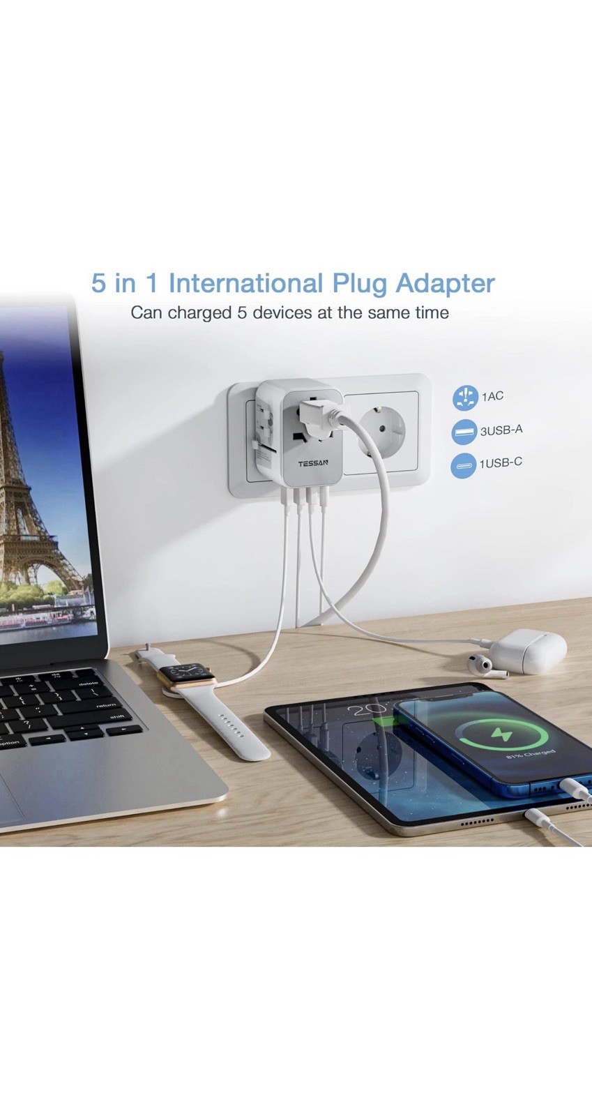 TESSAN Universal Travel Adapter Worldwide Power Outlet Travel Essentials for EU gallery