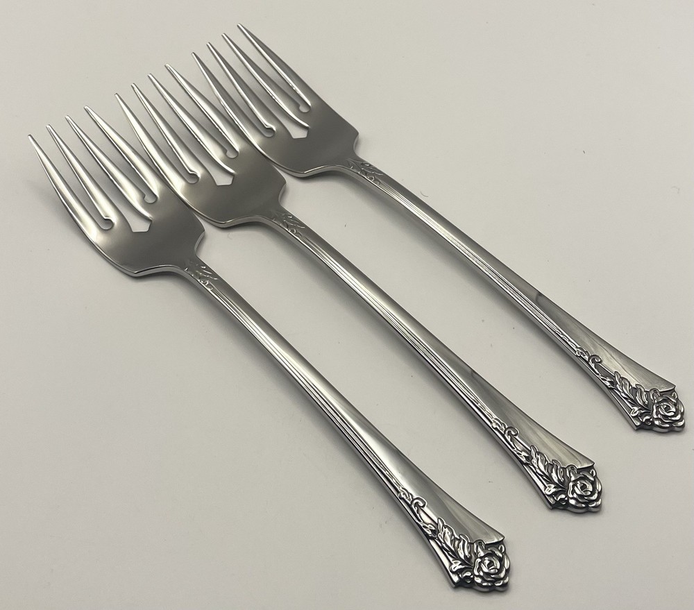 (3) Oneida Heirloom Cube DAMASK ROSE Stainless Salad Fork Lot ~ 6 7/8”