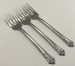 (3) Oneida Heirloom Cube DAMASK ROSE Stainless Salad Fork Lot ~ 6 7/8”