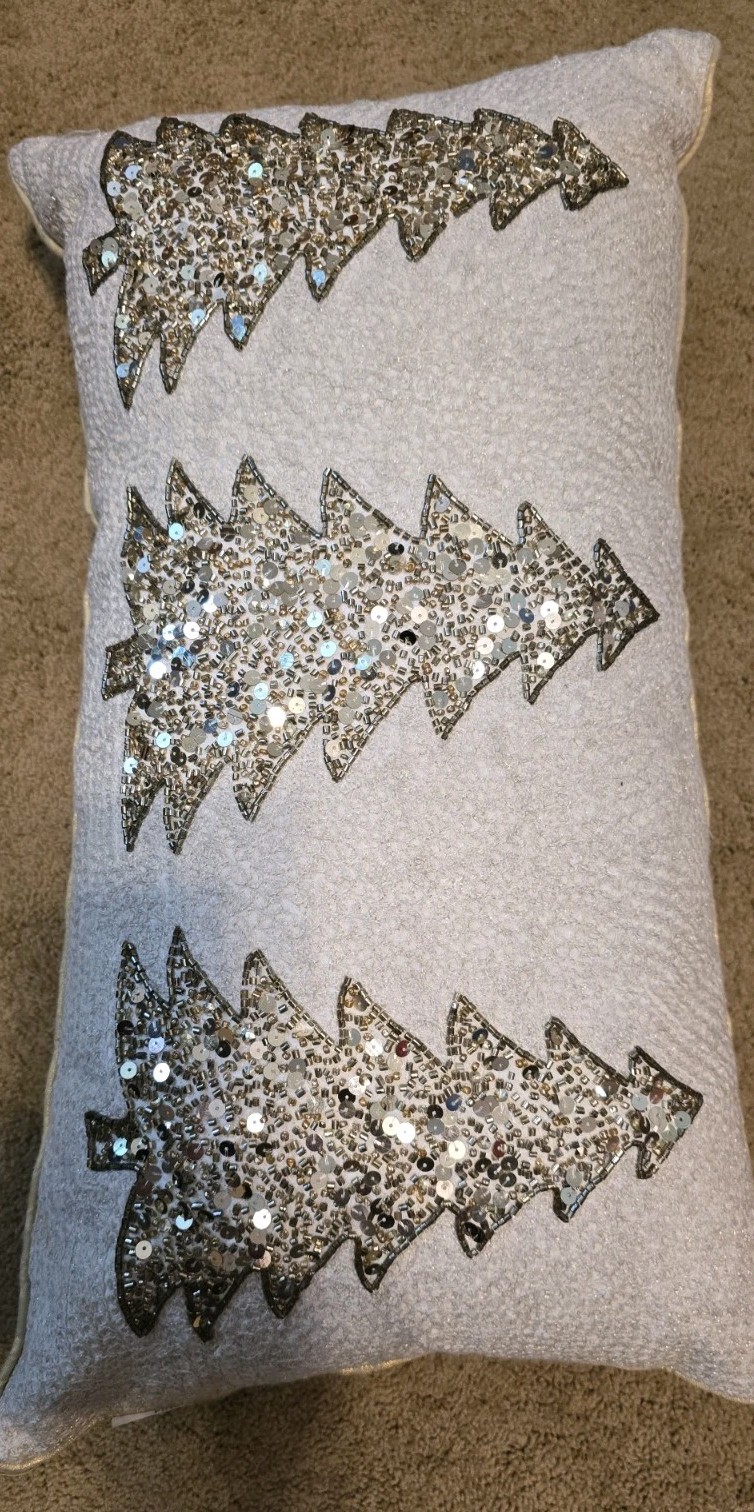 34th & Pine Embroidered Christmas Trees Beaded Lumbar Pillow 25in X 14in gallery