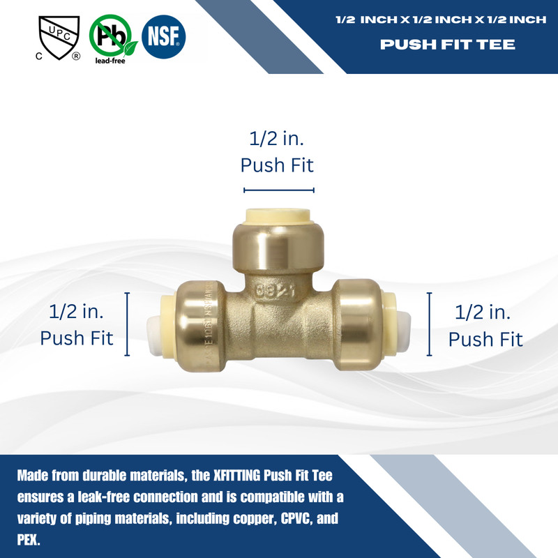 5) 1/2" Push-Fit Tee for Sharkbite Tee w. 1 Free Removing Clip, Lead Free Brass gallery
