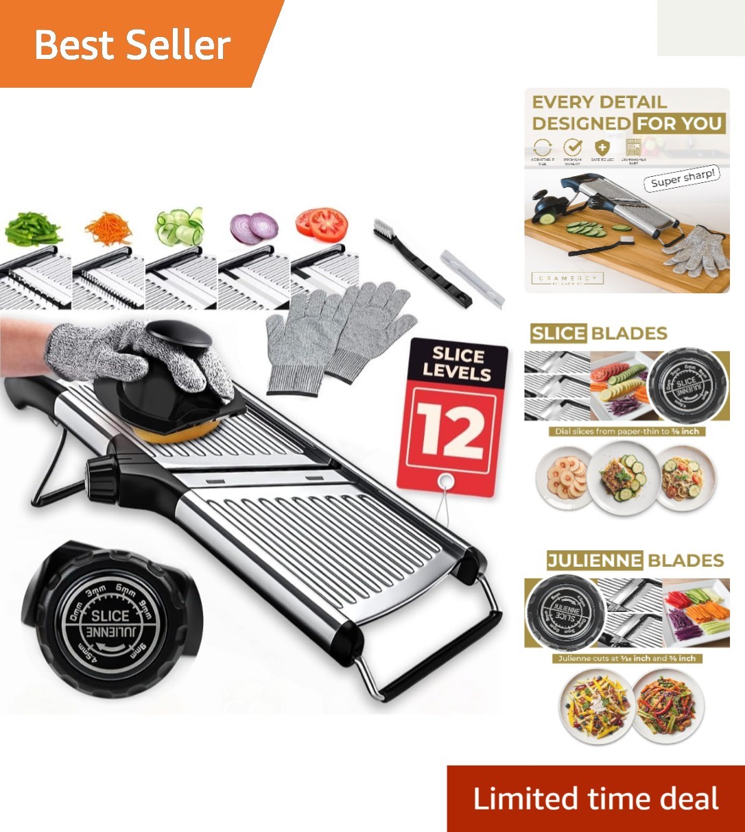 Gramercy Adjustable Mandoline Slicer - Precision Kitchen Tool with Safety Gloves gallery