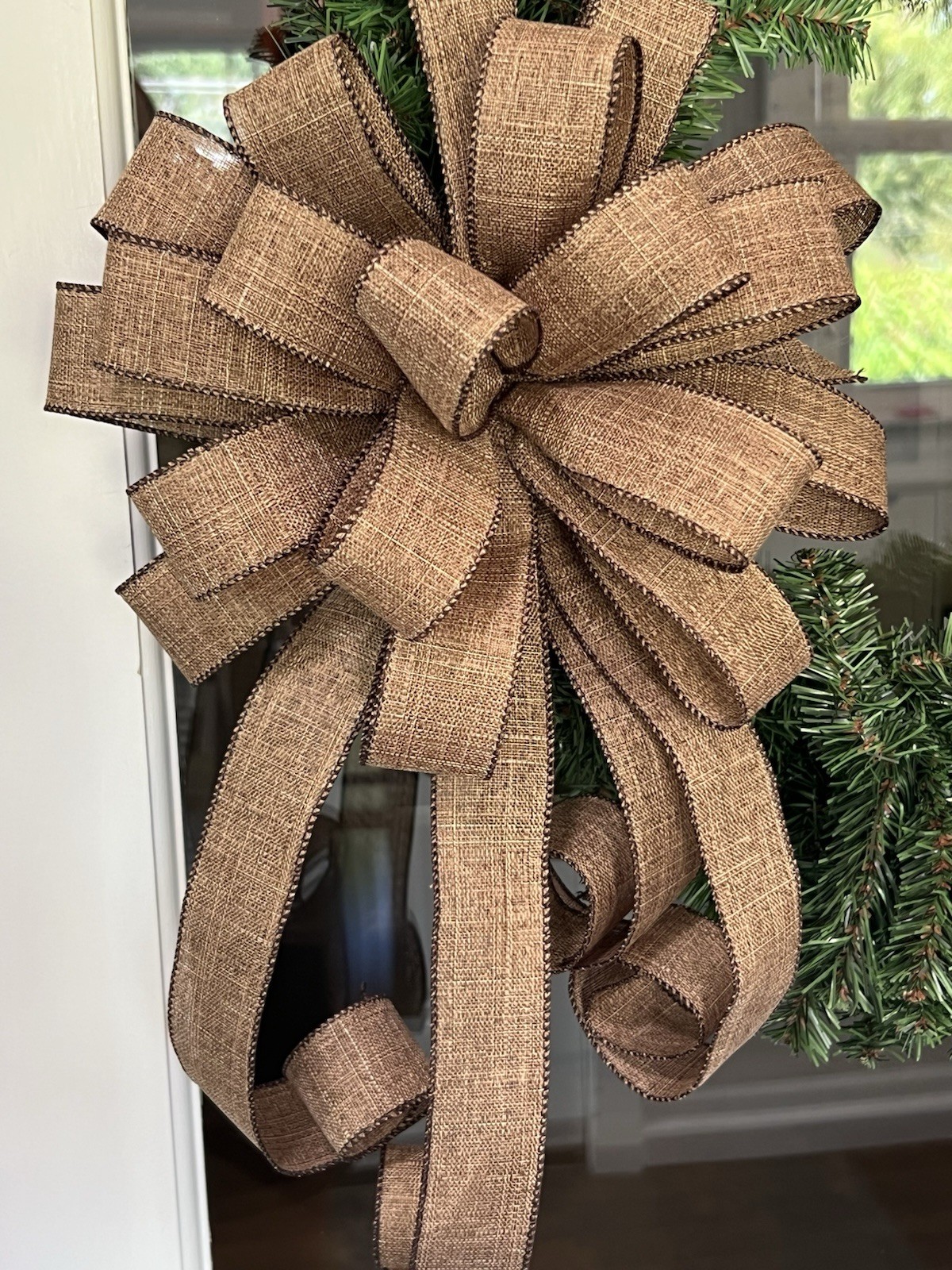 Handmade Dark Brown Rustic Burlap Holiday Bow 10 x 20 in. Wreath Swag Bow gallery