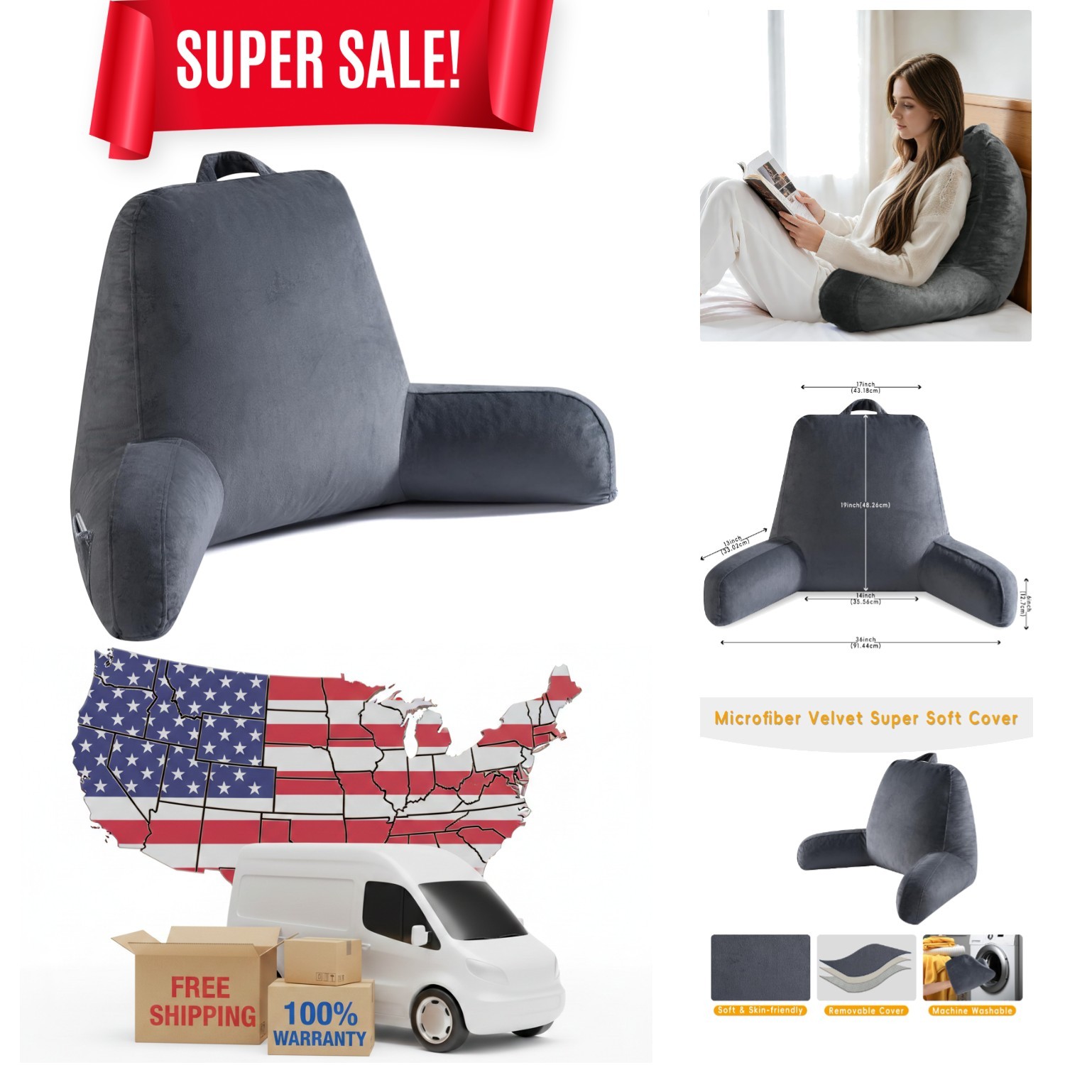 Portable 19" Grey Reading Pillow with Extendable Arms - Perfect for Relaxation gallery