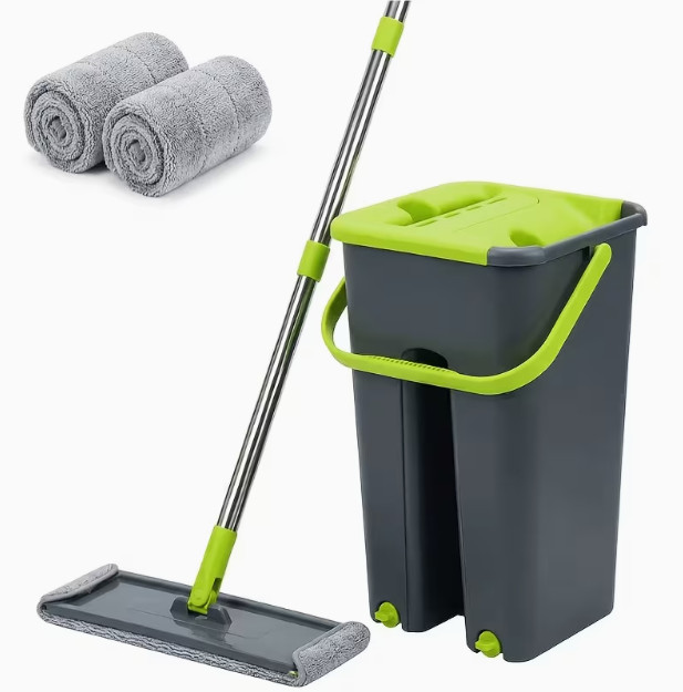 Flat Mop Bucket Set Hands Free Squeeze Floor Cleaning System 2 Microfiber Pad gallery