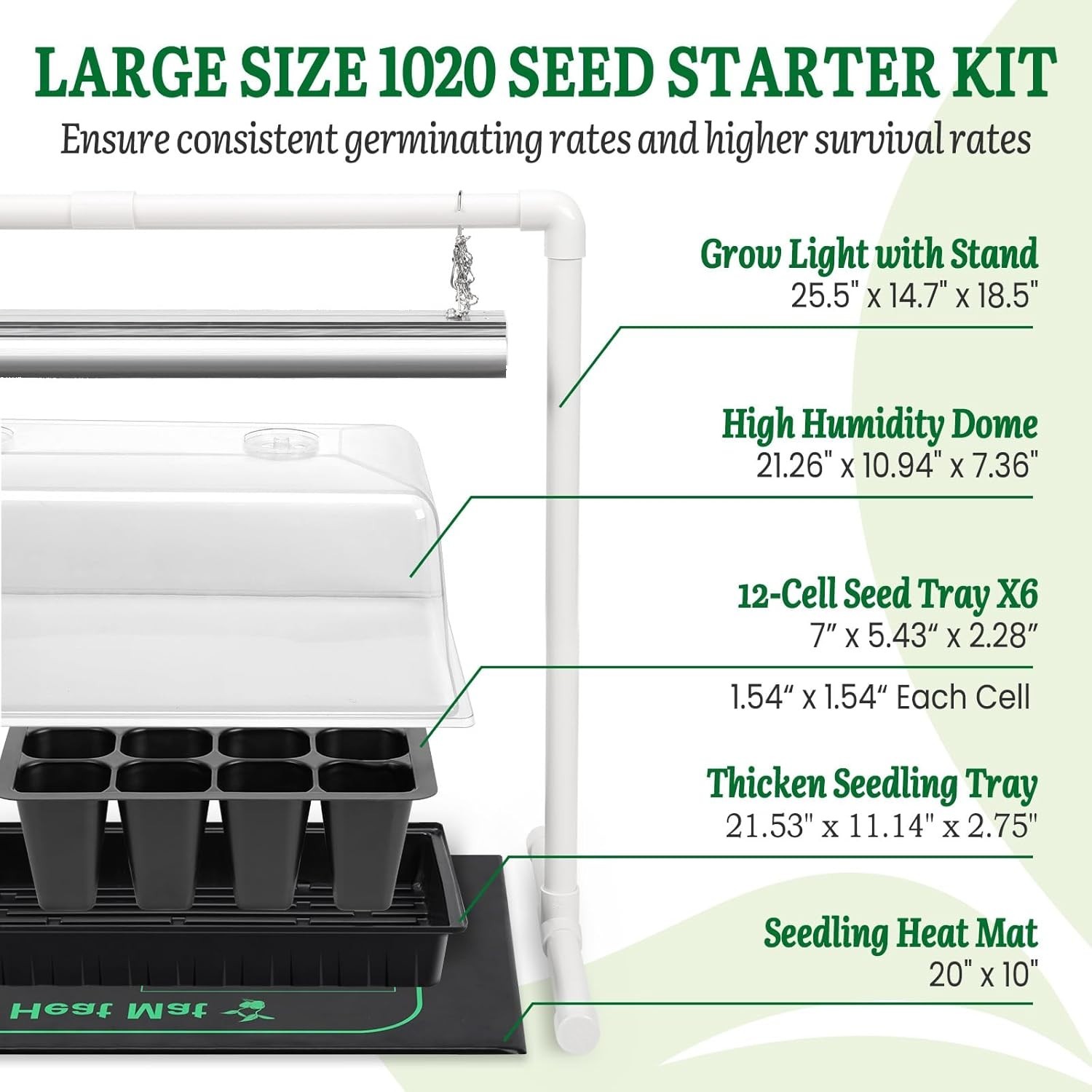 1020 Seed Starter Kit Grow Light Heat Mat Dome Tray 72 Cells Timer Propagation gallery