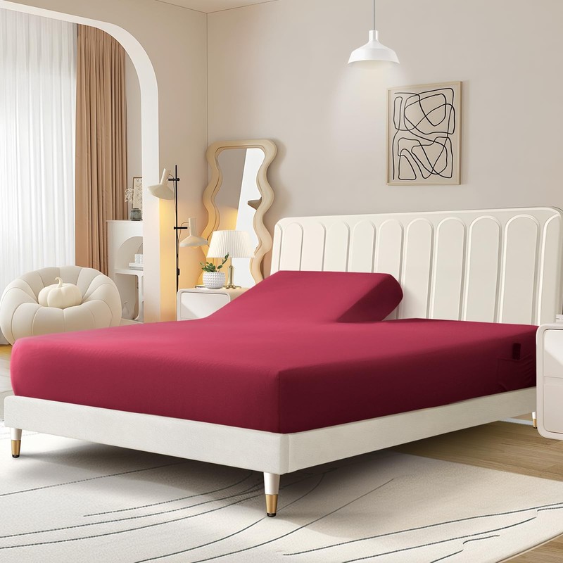 Split Top King Fitted Sheet, 16 Deep, Burgundy, Microfiber, Adjustable Bed gallery