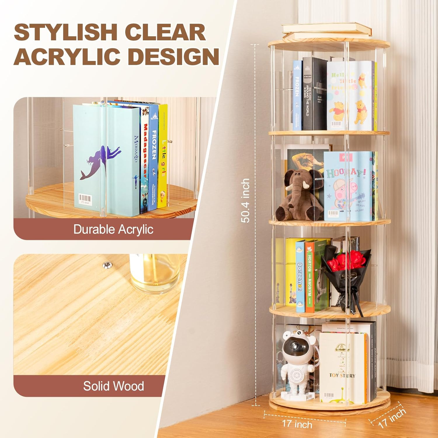 360° Rotating 4-Tier Bookshelf Tower - Solid Wood & Acrylic Bookcase gallery