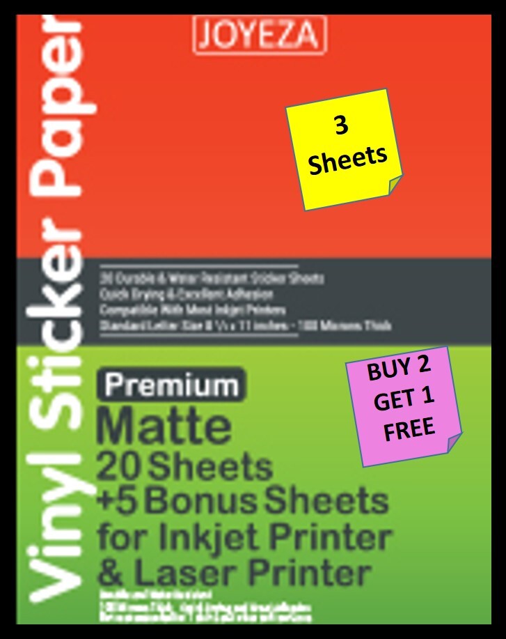 [3 Sheets] JOYEZA Matte Vinyl Sticker Paper 8 1/2" X 11" INKJET/LASER B2G1 gallery