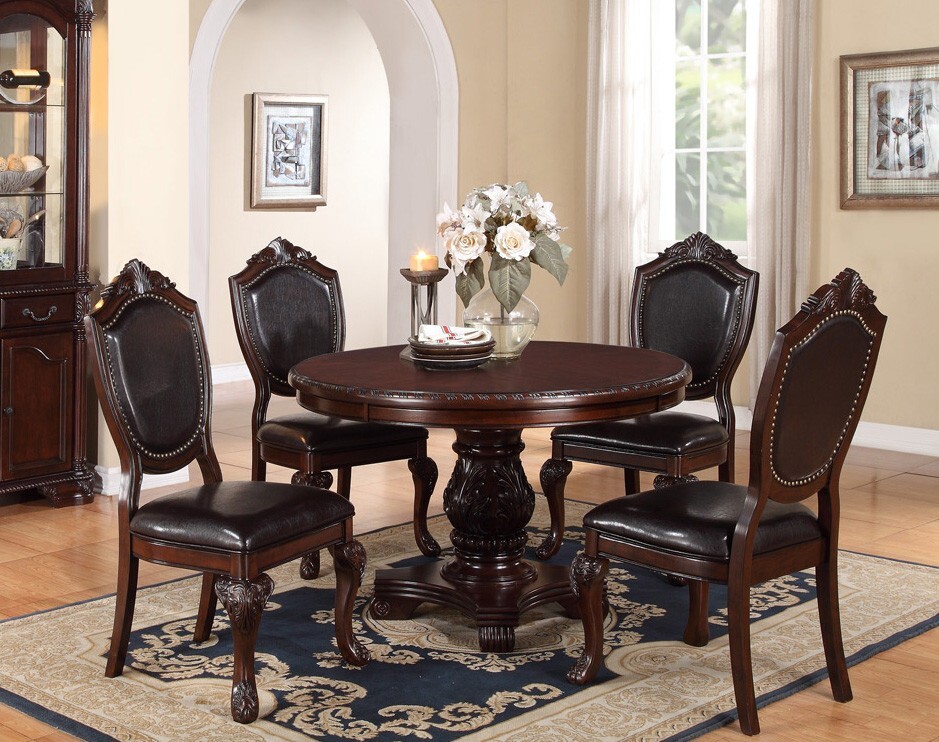 New 5PC Strasbourg Formal Round Cherry Finish Wood Dining Table Set gallery