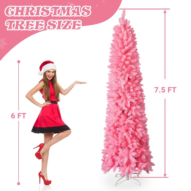 7.5 FT Hinged Christmas Tree, Artificial Pencil Christmas Tree, Pink gallery