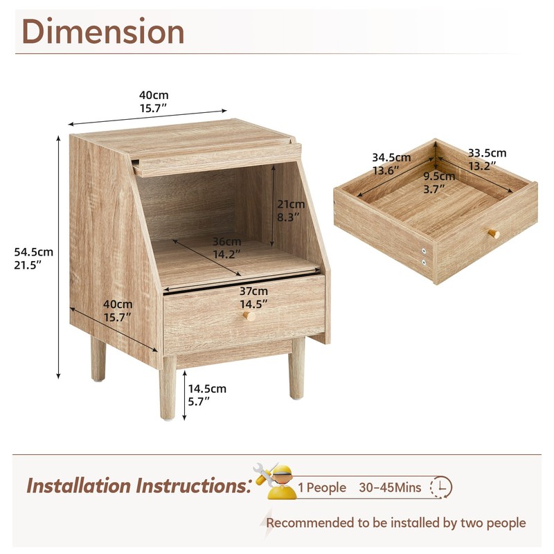 Brown Bedside Table Nightstand with Pull&Push Drawer P2 Grade Engineering Wood gallery
