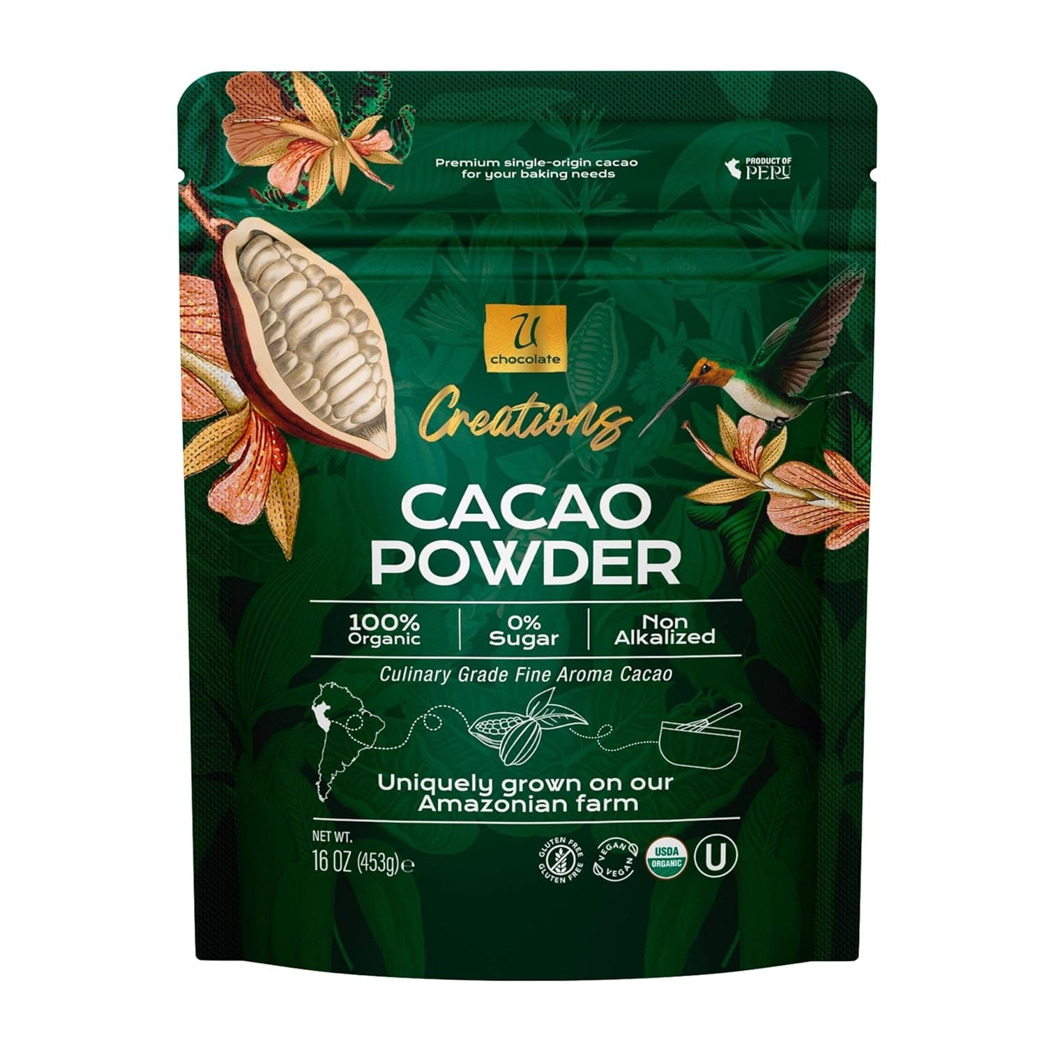 Organic Cacao Powder Raw Peruvian USDA Certified Non-GMO Vegan 16oz gallery