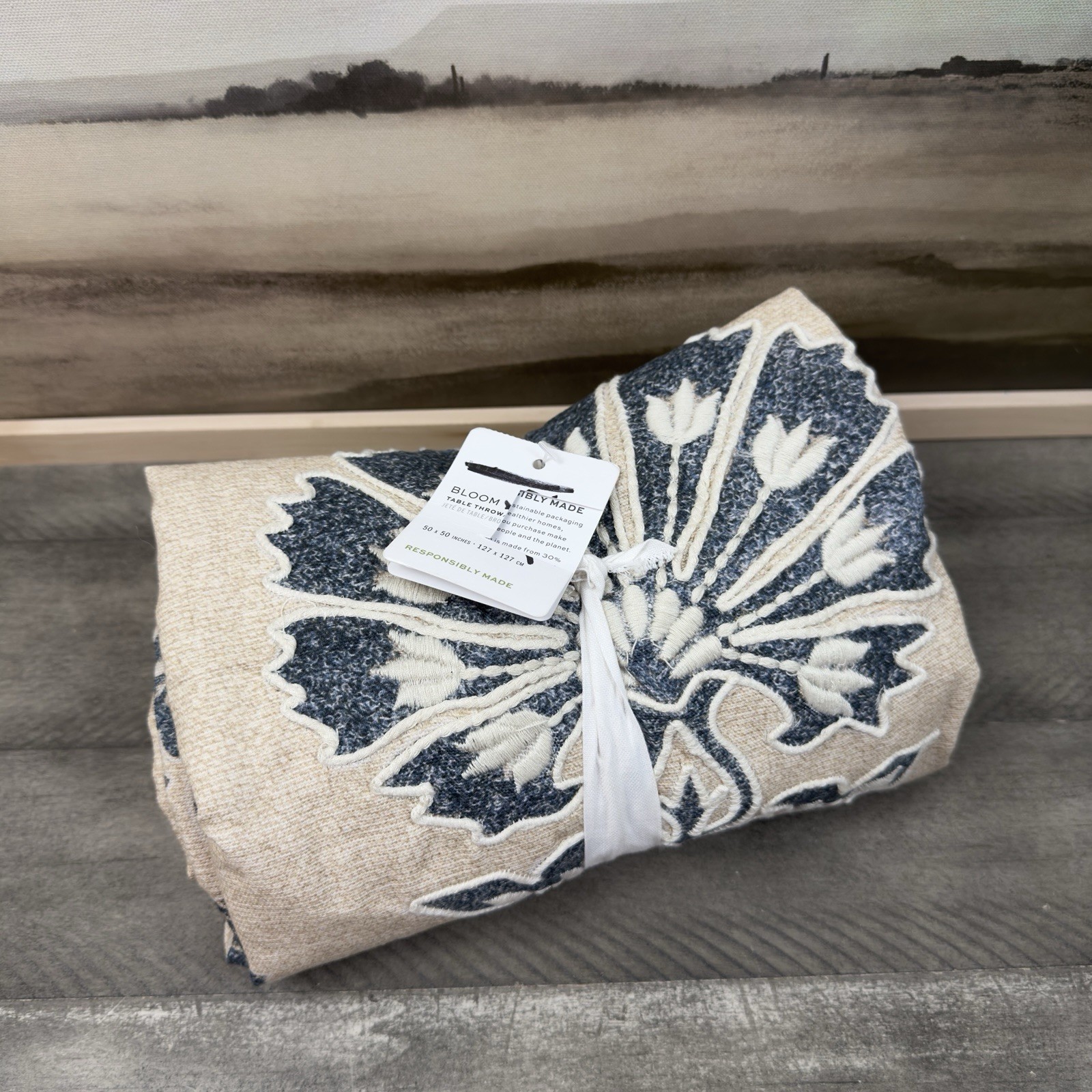 Pottery Barn Bloom Embroidered Cotton Table Throw 50”x50” Flax Blue NWOT gallery