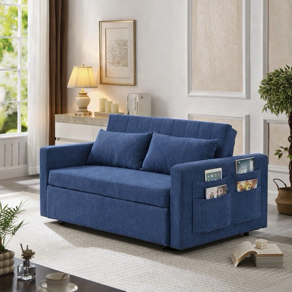 Blue Convertible Sleeper Sofa Loveseat with Storage Pockets, Linen, 2-Seater gallery