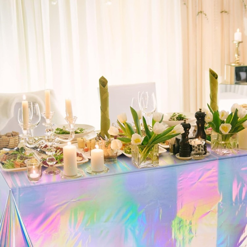 4 Pack Iridescent Plastic Tablecloths, Shiny Disposable Laser Rectangle Table... gallery