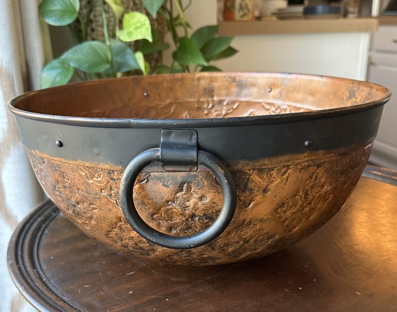 Embossed Rustic Metal Riveted Decorative Bowl With Handles HTF gallery