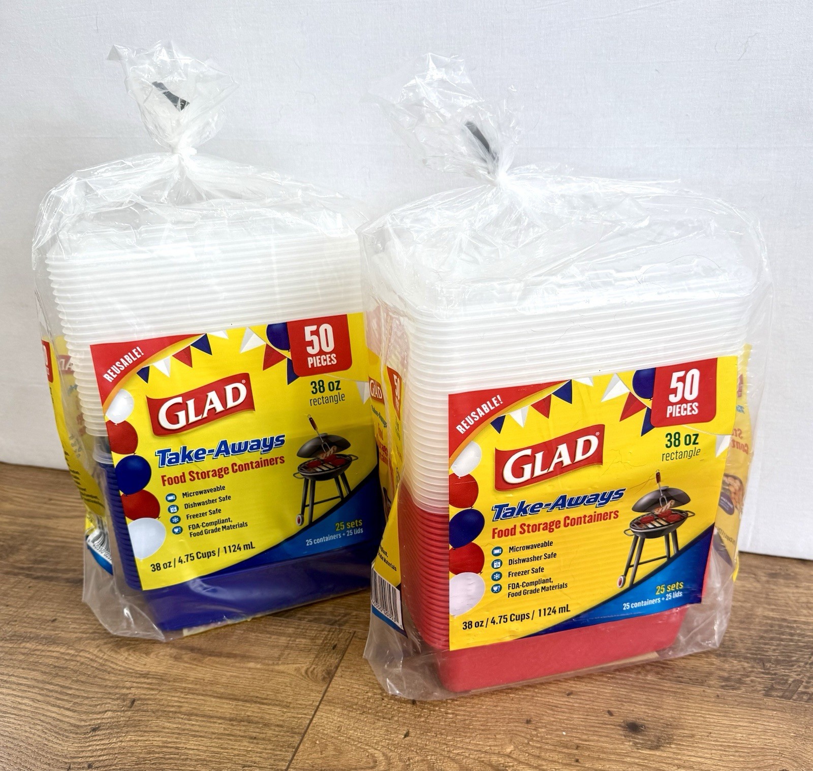 2 Glad Take-Aways 38oz Food Storage Containers with Lids 50 Sets Total Red Blue gallery