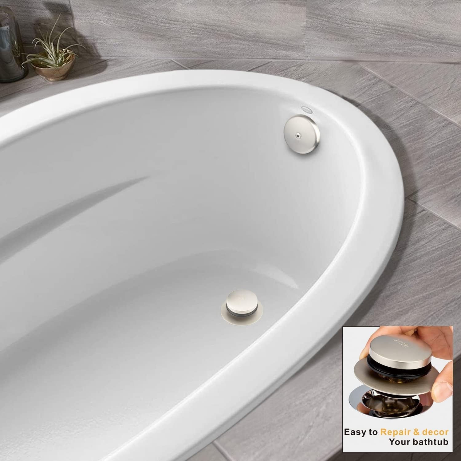 Brushed Nickel Tub Drain Conversion Kit - EZ Install Pop-Up Stopper & Overflow gallery