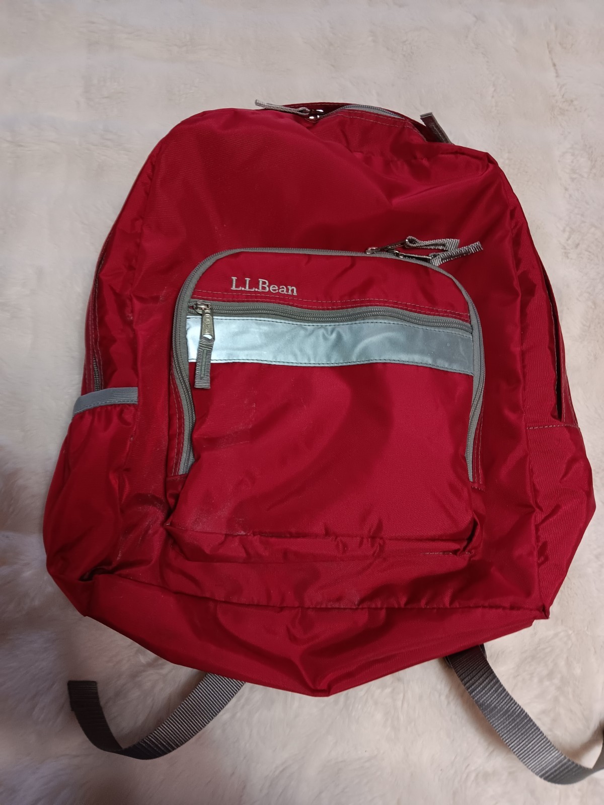 LL BEAN Vintage Red Nylon Backpack Zip Close Reflective Strip D589
