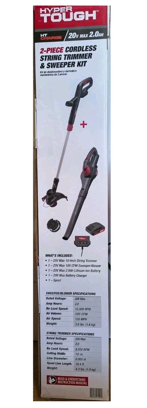Hyper Tough 20V Cordless Trimmer & Sweeper Combo Kit 10" 130MPH NEW gallery