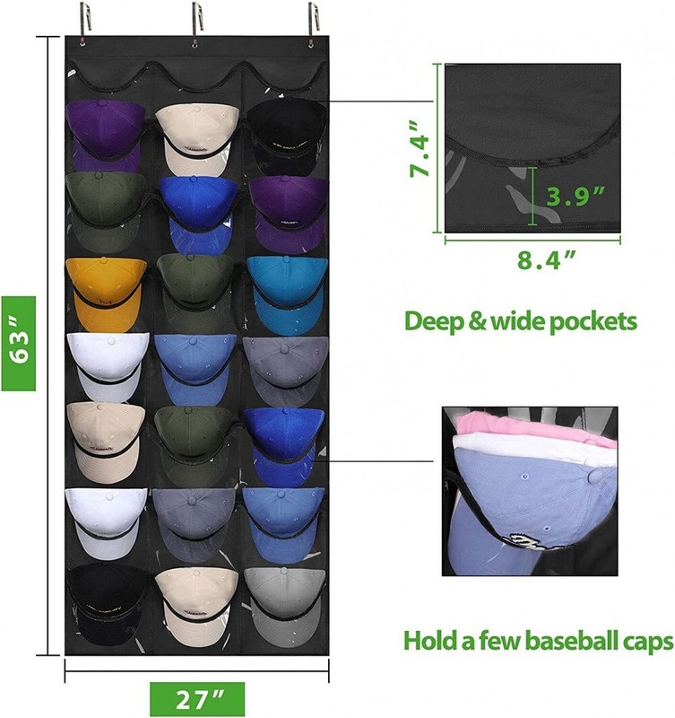 24 Hat Rack Organizer Baseball Holder Deep Storage Pockets Door Wall Caps Stand gallery
