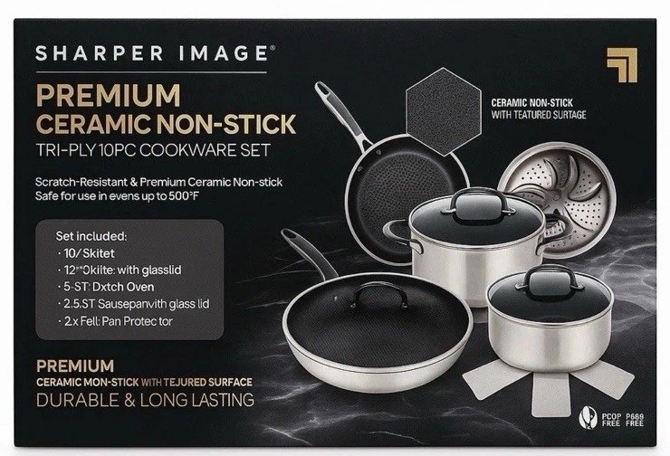 Sharper image Premium Cookware set 10pc ceramic non stick Tri-ply Stainless New gallery